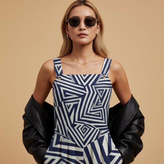 Navy Geometric Jumpsuit | Women's Wide-Leg Art Print Overalls