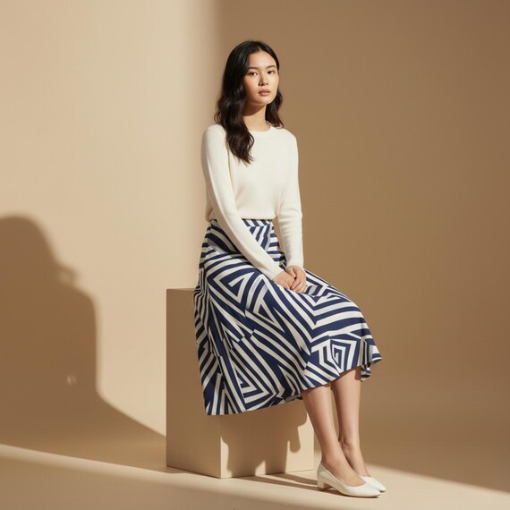 Navy Architectural Maze Maxi Skirt by ZAYN | Quiet Luxury Artwear | Bold Geometric Pattern | Designe