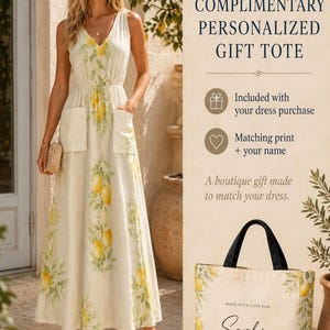 May include: A sleeveless maxi dress featuring a lemon and green leaf print, a V-neckline, and two front pockets. Beside it, a canvas tote bag displays the same lemon print, the text "MADE WITH LOVE FOR Sophia," and a small red heart icon.