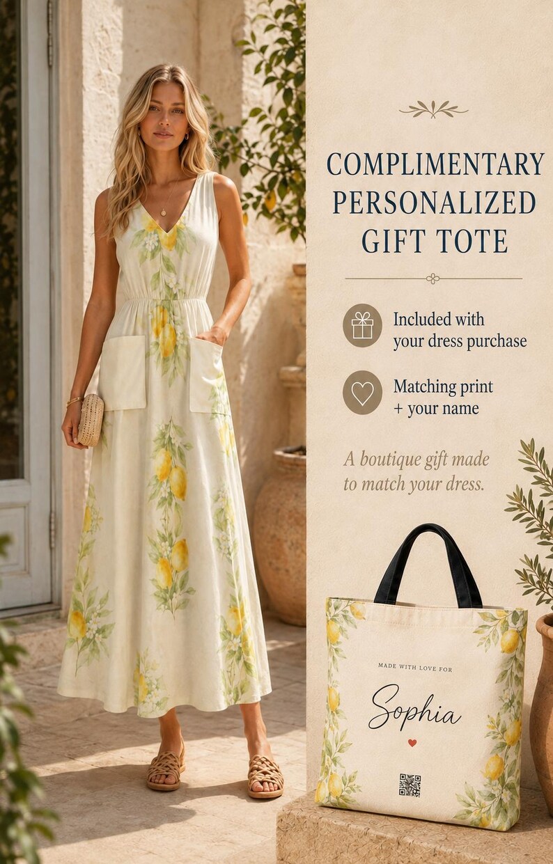 May include: A sleeveless maxi dress featuring a lemon and green leaf print, a V-neckline, and two front pockets. Beside it, a canvas tote bag displays the same lemon print, the text "MADE WITH LOVE FOR Sophia," and a small red heart icon.