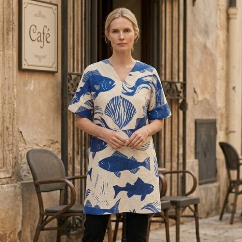 Puede incluir: Vestido beige con cuello en V con un estampado de peces y conchas marinas azules. El vestido tiene mangas cortas y se usa con pantalones negros. Un letrero que dice "Caf&eacute;" es visible en el fondo.