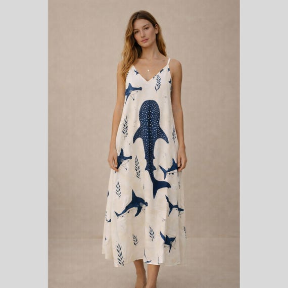 Whale Shark Maxi Dress, Ocean Print Vacation Dress, Coastal Resort Summer Dress