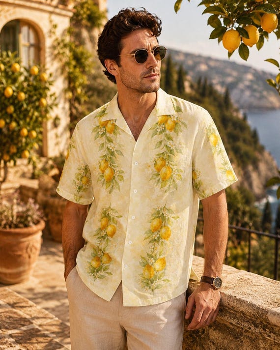 Men's Lemon Print Hawaiian Shirt, Yellow Resort Button Down Summer Vacation Beach Shirt