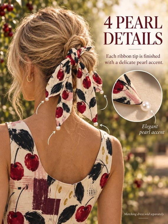 Cherry Print Bow Scrunchie, Satin Scarf Hair Tie, Retro Fruit Hair Accessory