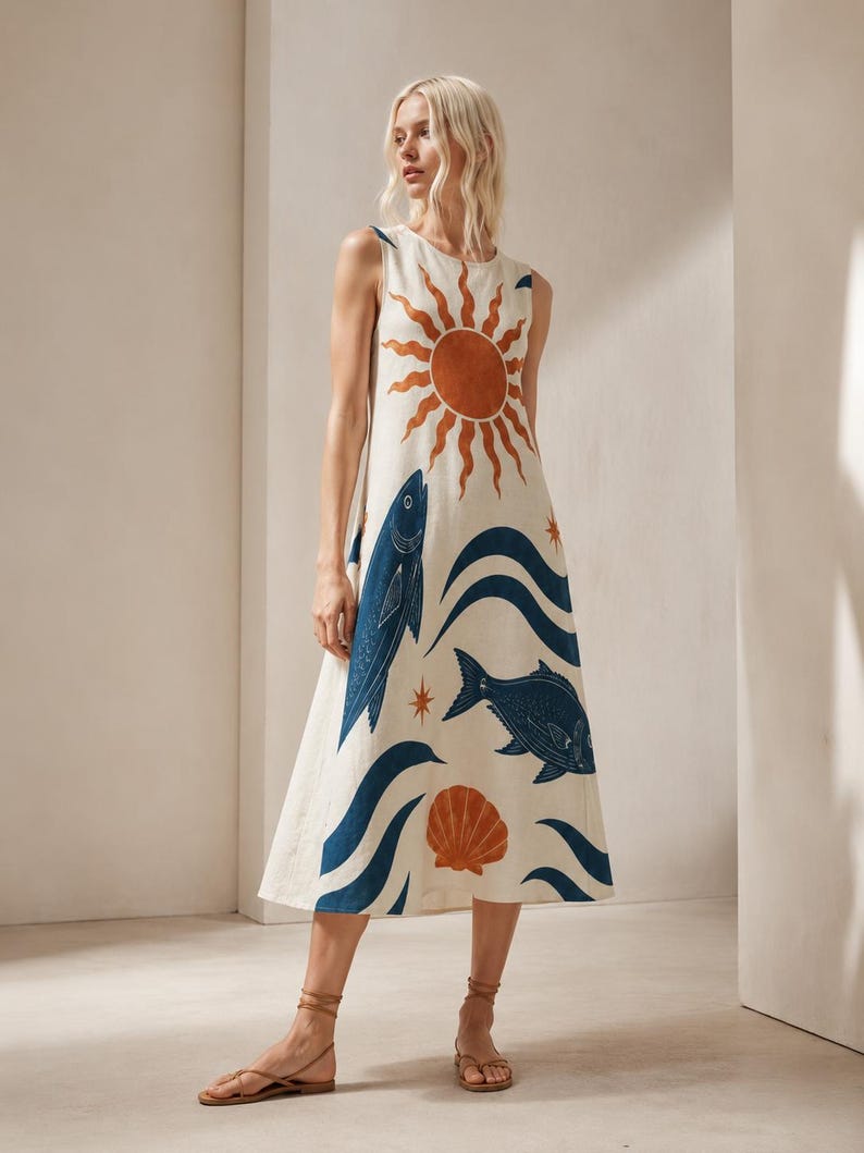 May include: A sleeveless, cream-colored midi dress featuring a printed pattern of a large orange sun, dark blue fish, dark blue waves, and orange seashells. The dress has a round neckline and a relaxed, A-line silhouette that falls below the knees.