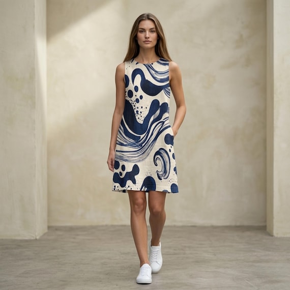 Blue Abstract Wave Mini Dress, Sleeveless A-Line Pockets, Coastal Summer Style