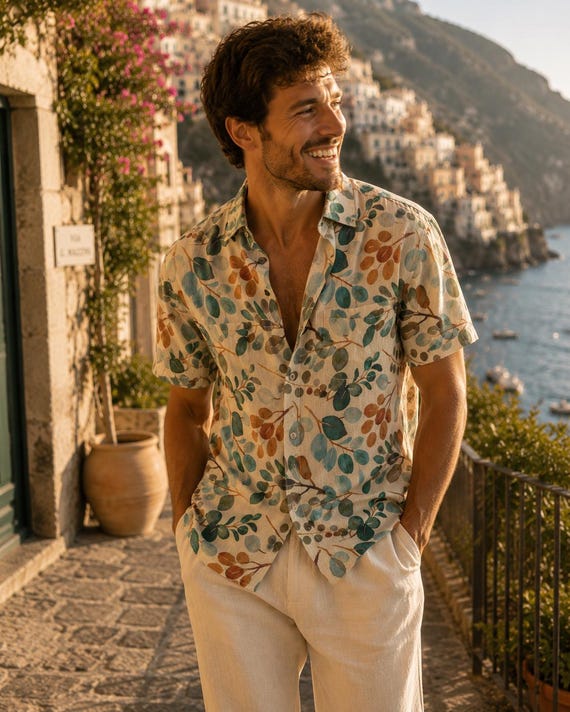 Men's Botanical Watercolor Cotton Beach Shirt, European Resort Summer Outfit
