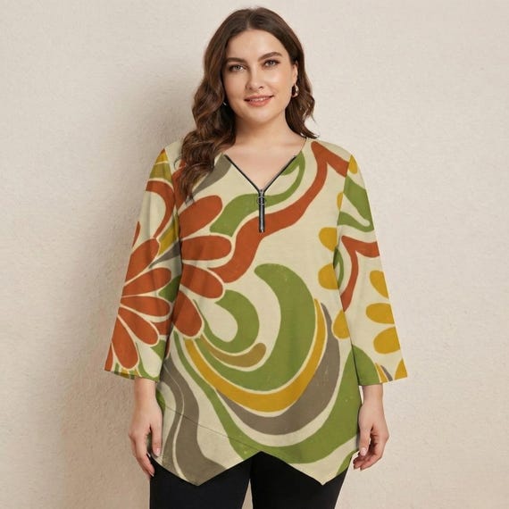 Abstract Floral Zipper V Neck Tunic, Boho Retro Print Top, Irregular Hem Women Tunic