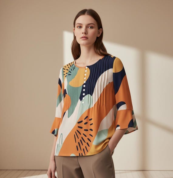 Boho Ruffle Sleeve Blouse, Abstract Print Women’s Boho Top