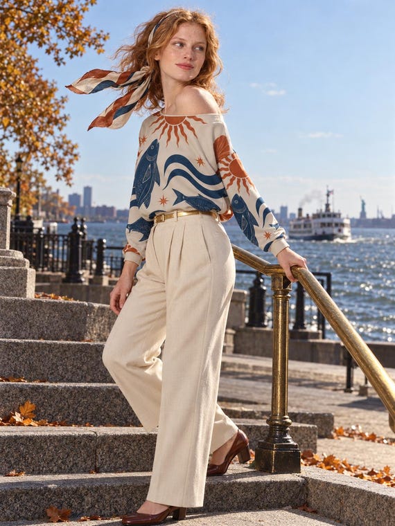 Ocean Art Off Shoulder Sweatshirt, Blue Sea Life Coral Print Women's Slouchy Long Sleeve Top