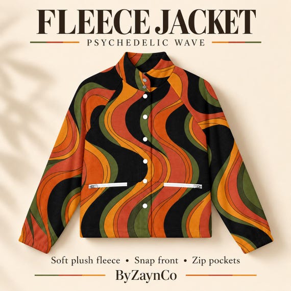 Women's 70s Psychedelic Fleece Jacket, Orange Wave Print, Stand Collar