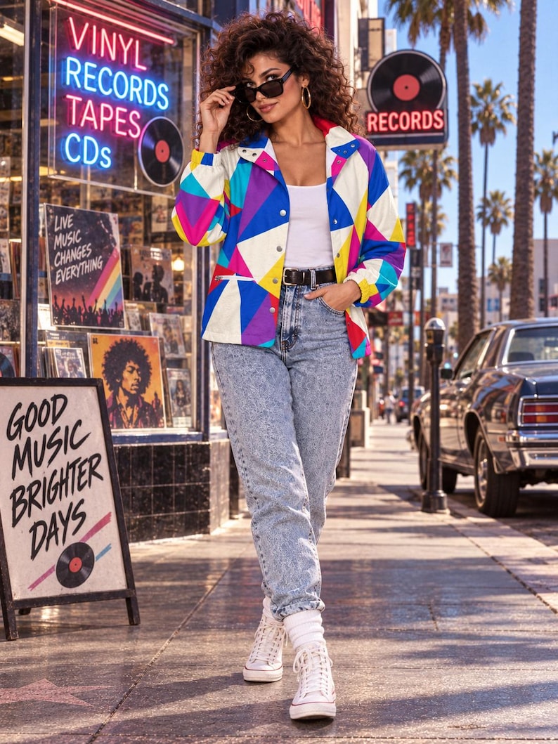 Puede incluir: Una chaqueta de manga larga con un vibrante patr&oacute;n geom&eacute;trico en tonos azul, amarillo, rosa y blanco, usada sobre una camiseta sin mangas blanca con jeans azules de lavado &aacute;cido, un cintur&oacute;n negro y zapatillas blancas de ca&ntilde;a alta.