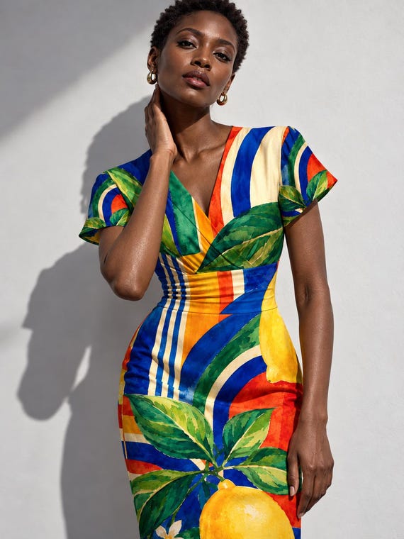 Mediterranean Lemon Print Midi Dress, Blue Yellow Citrus Floral, V Neck Flutter Sleeves
