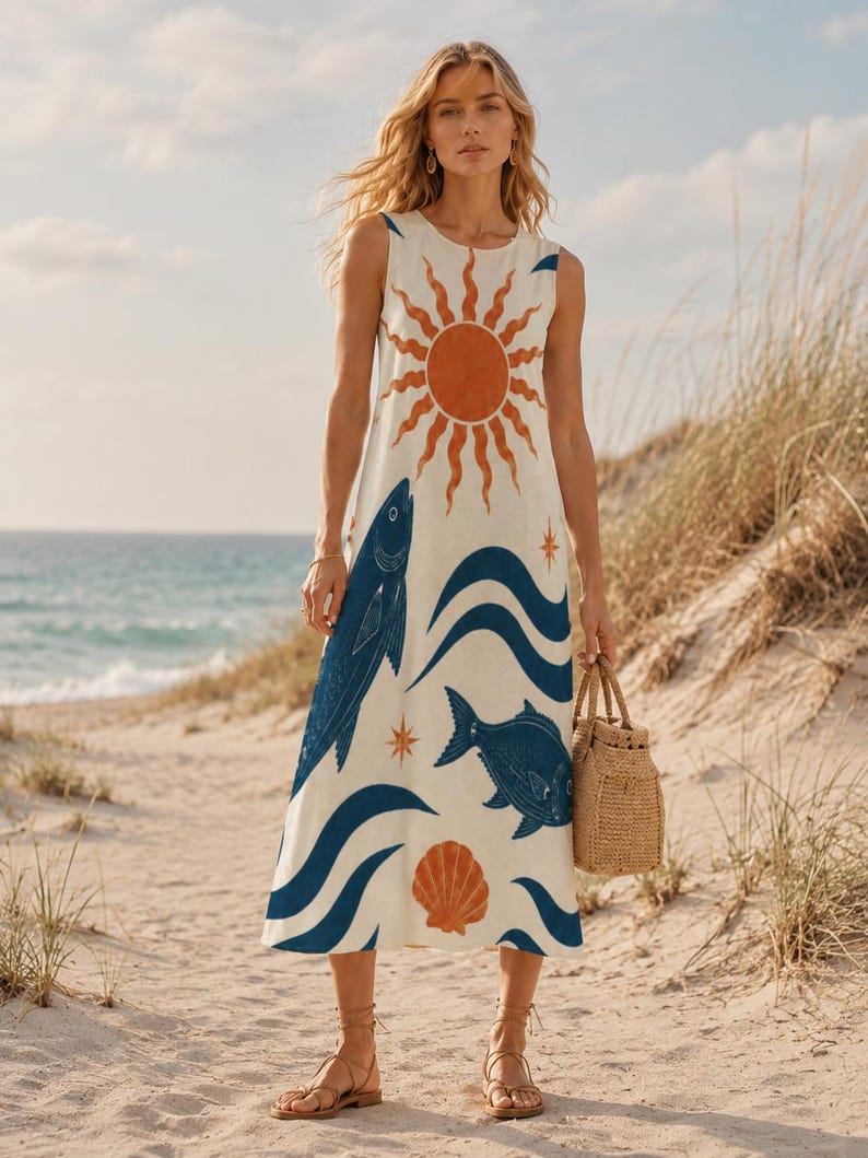 Mediterranean Fish Print Midi Dress, Cotton Slub Resort Dress with Pockets image 2