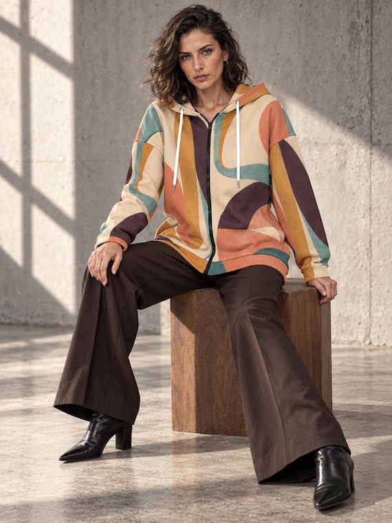 Retro Abstract Long Zip Up Hoodie for Women, Earth Tone Colorblock Print