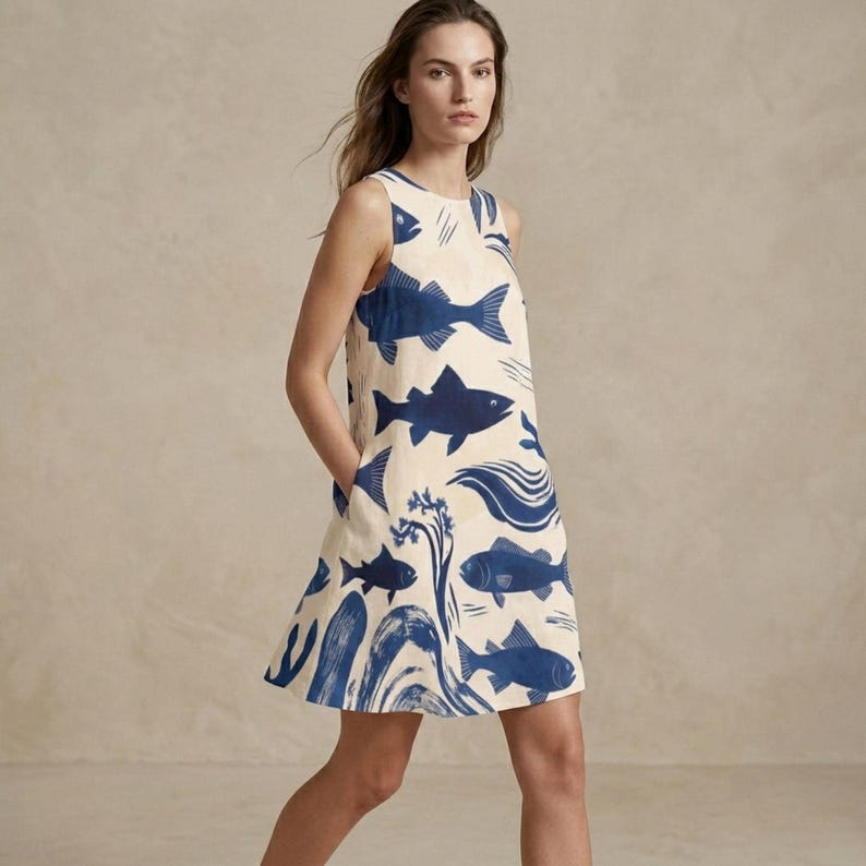 A woman walks towards the camera, wearing a sleeveless A-line dress with a blue fish and wave pattern on a cream background, hands in pockets.