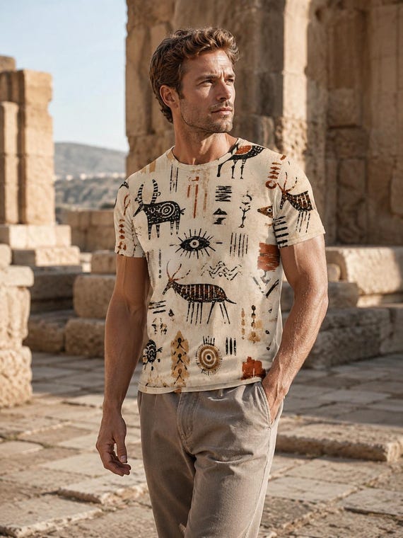 Men’s Cave Art T-Shirt, Prehistoric Symbol Cotton Tee, All-Over Rock Art Shirt