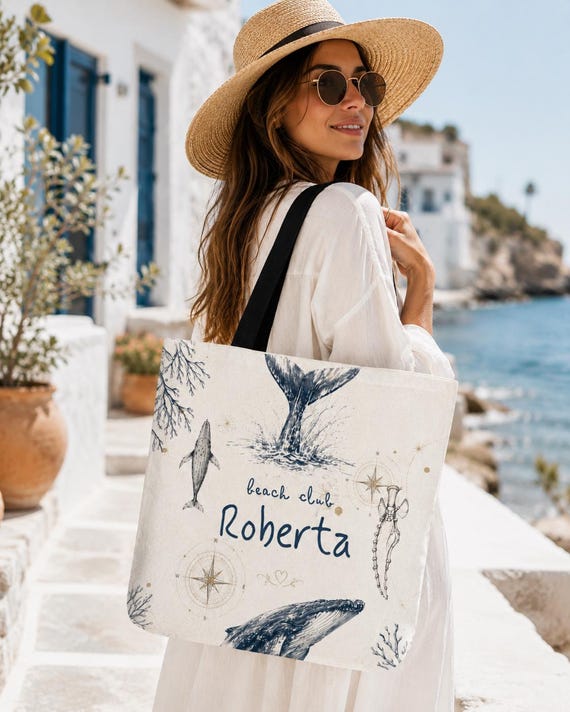 Personalized Whale Beach Club Tote Bag, Custom Canvas Resort Vacation Bag