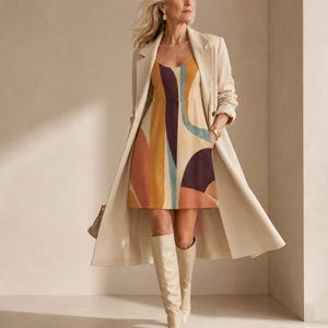 May include: A sleeveless mini dress featuring a bold abstract pattern in shades of mustard yellow, deep purple, terracotta, and teal, layered under a long, beige, open-front trench coat with lapels, paired with knee-high, beige, pointed-toe boots.