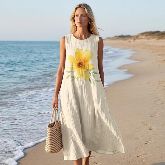 Floral Cotton Slub Dress for Women – Relaxed Summer Midi Dress