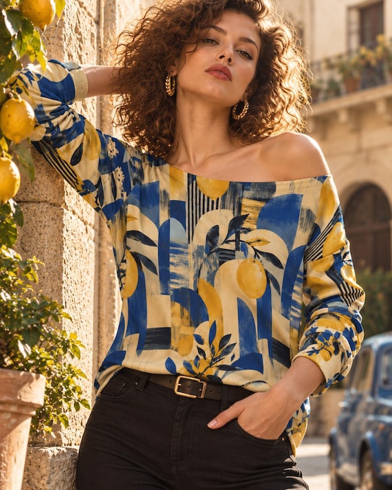Blue Yellow Botanical Off Shoulder Sweatshirt, Bold Mediterranean Flower Women's Top