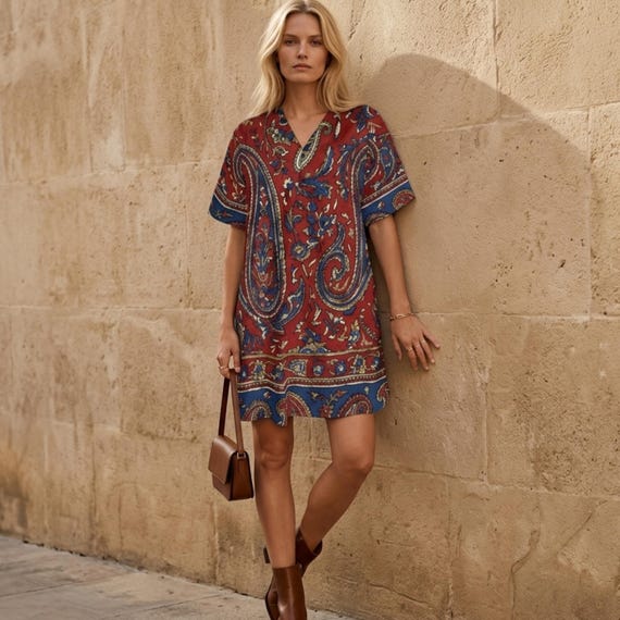 Red and Navy Paisley Mini Dress, V-Neck Boho Tunic with Short Sleeves