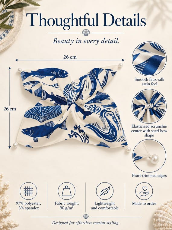 Blue Coastal Fish Bow Scrunchie, Satin Hair Scarf, Mediterranean Beach Accessory