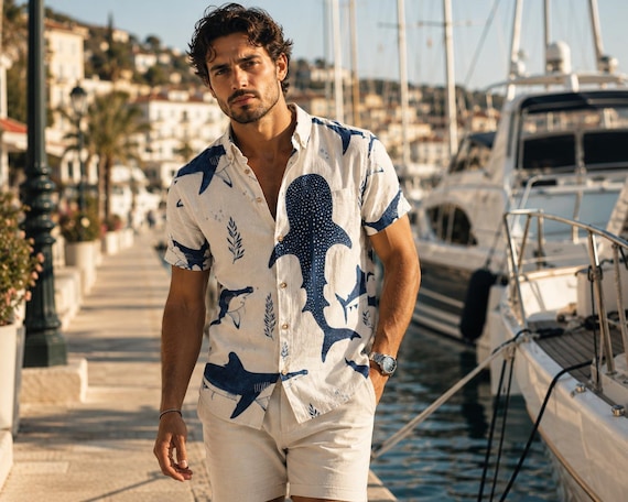 Men's Cotton Whale Shark Resort Shirt, Mediterranean Coastal Ocean Print Summer Button Up
