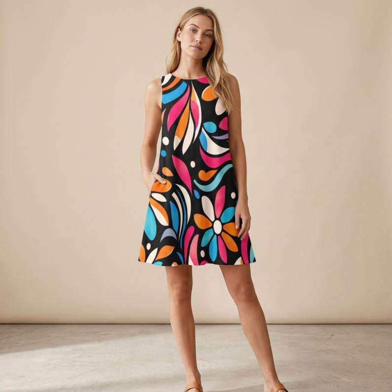 Puede incluir: Vestido negro sin mangas con un vibrante estampado floral en rosa, naranja, azul y blanco. El vestido tiene cuello redondo y bolsillos. El dise&ntilde;o colorido crea un look audaz, perfecto para el verano.