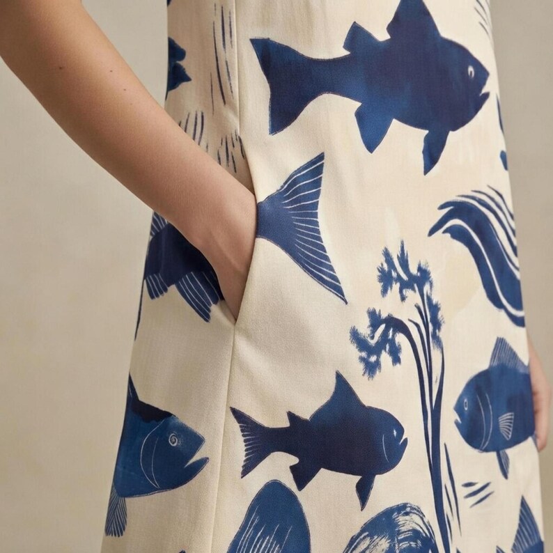 A close-up shows a hand in the side pocket of a cream-colored dress with a blue fish and wave pattern.