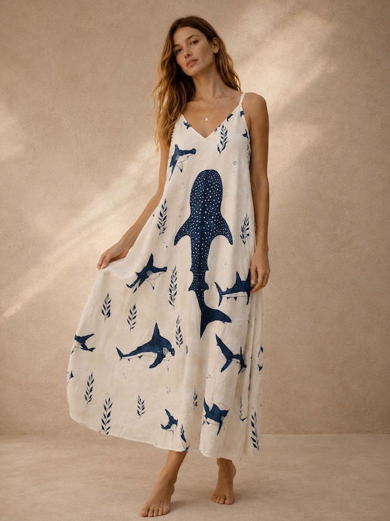 Whale Shark Maxi Dress, Ocean Print Spaghetti Strap Coastal Resort Wear