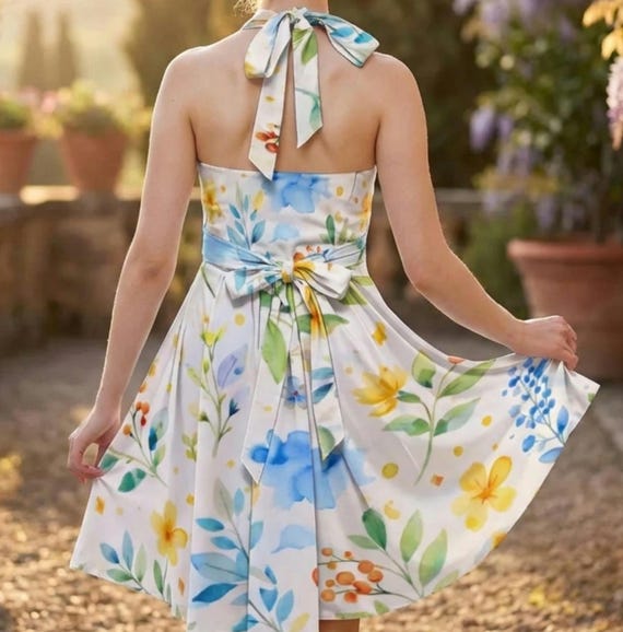 Watercolor Floral Halter Dress, Blue Yellow Flower Print, Skater Sundress