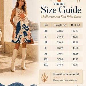 A size guide for a Mediterranean Fish Print Dress, showing measurements for length and bust in inches for sizes XS to 3XL.
