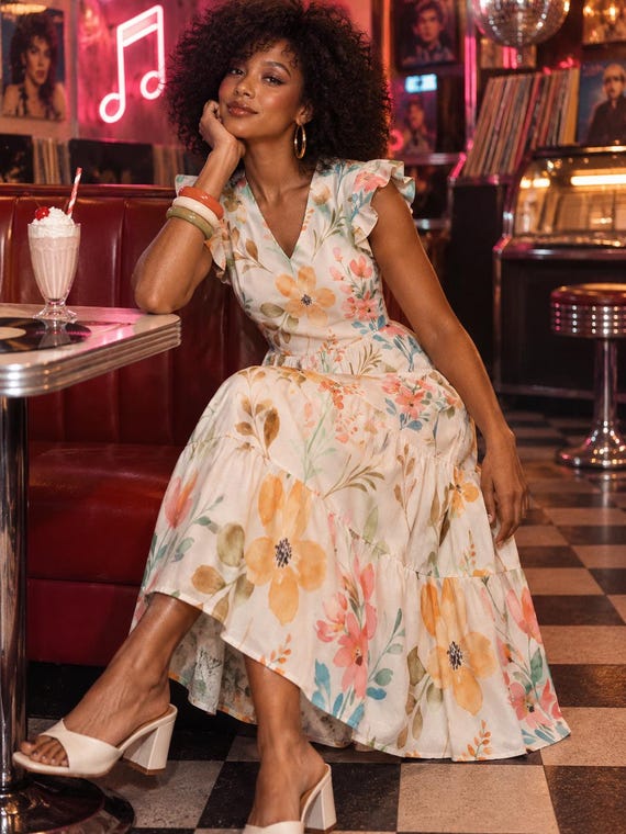 Floral Midi Dress, Flutter Sleeve Polyester Blend, Garden Party Style