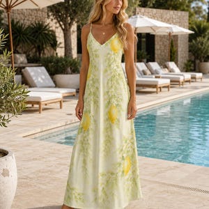 Puede incluir: Un vestido largo sin mangas en tono amarillo p&aacute;lido, con un estampado repetitivo de limones amarillo brillante y follaje verde. La prenda presenta un escote en V, tirantes finos y una silueta de falda fluida con corte recto.