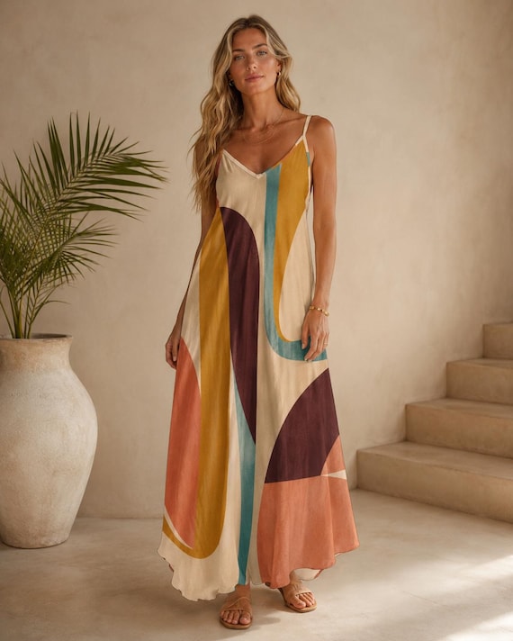 Retro Abstract Maxi Dress, 70s Geometric Resort Vacation, Mediterranean Summer Beach Style