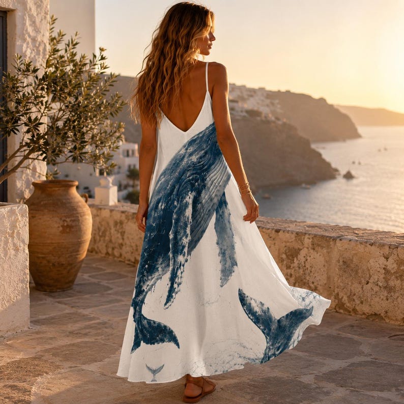 Pode incluir: Um vestido longo branco com um desenho de baleia azul. O vestido apresenta um decote em V e al&ccedil;as finas. O desenho da baleia est&aacute; nas costas e na frente. O vestido &eacute; fluido e parece ser feito de tecido leve.