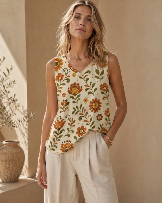 Retro Floral V-Neck Tank Top, 70s Boho Summer Sleeveless Blouse