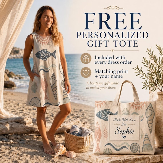 Coastal Fish Print A-Line Dress, Loose Fit Beach Vacation Dress, Mediterranean Resort Outfit