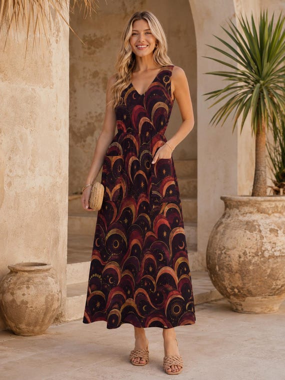 Retro Celestial Maxi Dress, Whimsigoth Halloween Print, V-Neck Pockets, S–5XL