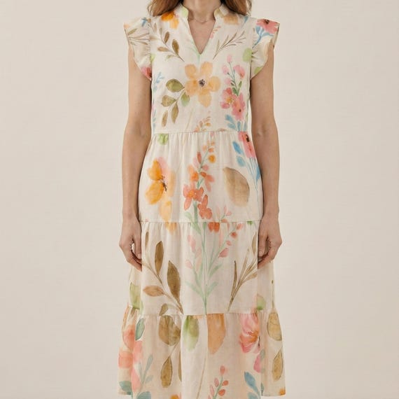 Floral Midi Dress, Flutter Sleeve Polyester Blend, Garden Party Style