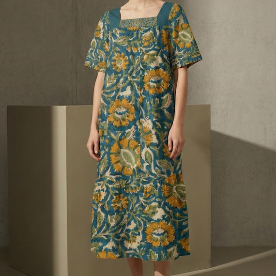 Boho Floral Midi Dress, Relaxed Fit Vintage Style Summer Dress