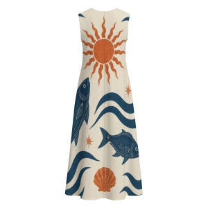 Mediterranean Fish Print Midi Dress, Cotton Slub Resort Dress with Pockets image 15