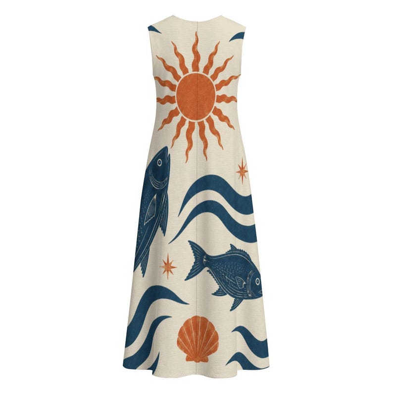 Mediterranean Fish Print Midi Dress, Cotton Slub Resort Dress with Pockets image 15