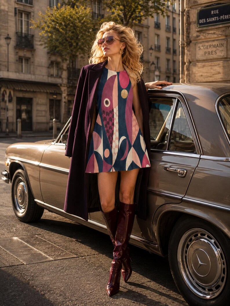 May include: A sleeveless mini dress featuring a geometric pattern in shades of pink, navy blue, and cream, worn with a dark purple overcoat and dark red knee-high boots. The dress has a round neckline and a flared silhouette, showcasing abstract shapes.