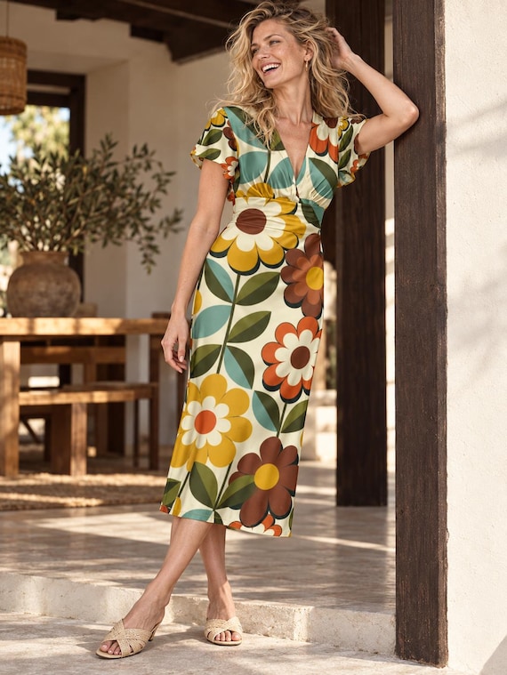 70s Retro Daisy Midi Dress, Groovy Mustard Floral Print, V Neck Flutter Sleeve Dress