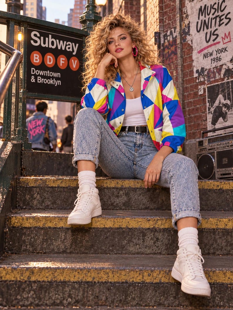 Puede incluir: Una chaqueta cortavientos con estampado geom&eacute;trico multicolor y cierre de botones a presi&oacute;n, sobre una camiseta sin mangas blanca, combinada con vaqueros azules de lavado &aacute;cido, calcetines blancos y zapatillas altas blancas, con collar y aros rosas.