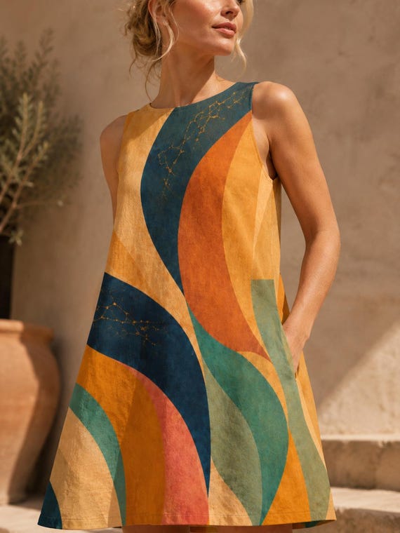 70s Abstract Art A-Line Mini Dress, Sleeveless Swing Shift With Pockets