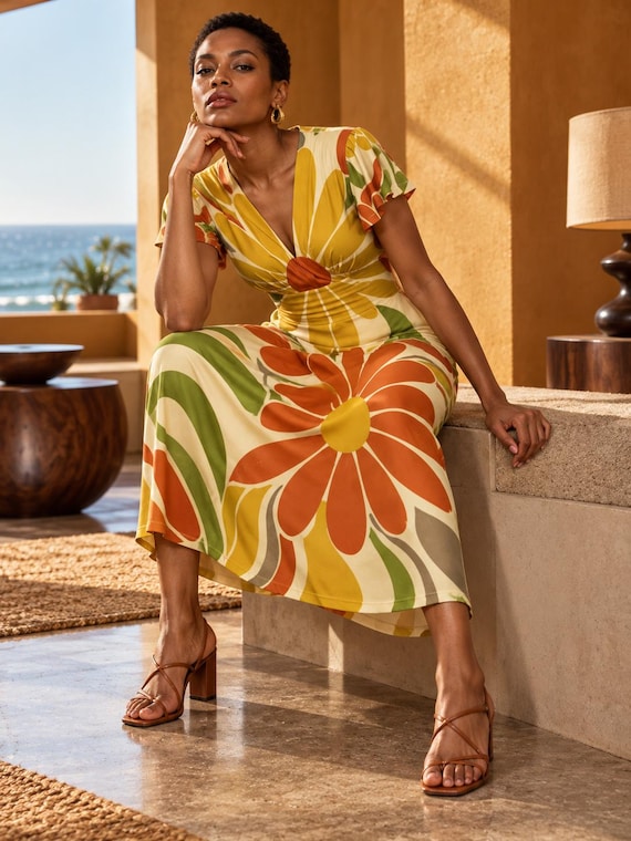70s Flower Midi Dress, Orange Yellow Retro Floral Print, V Neck Flutter Sleeve Dress