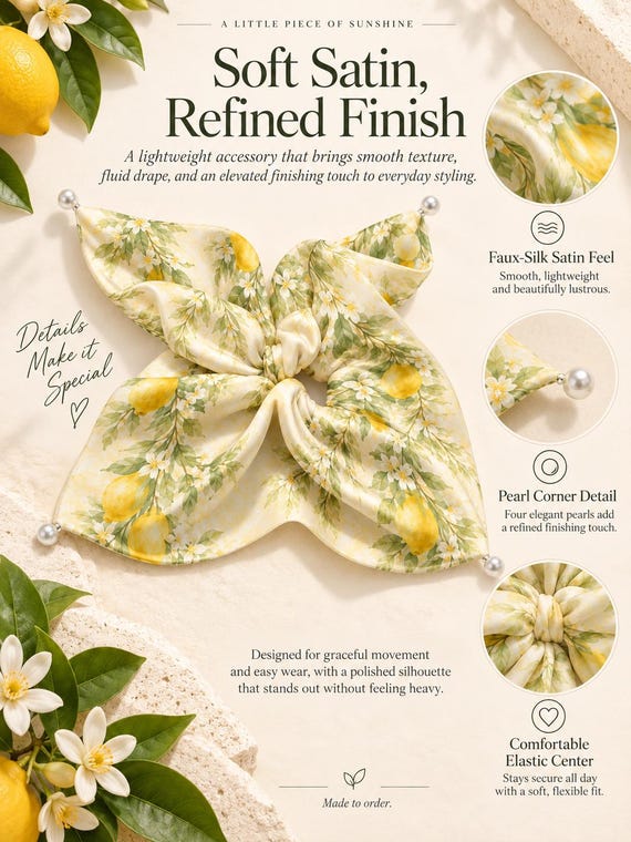 Watercolor Lemon Bow Scrunchie, Satin Hair Scarf, Amalfi Summer Accessory